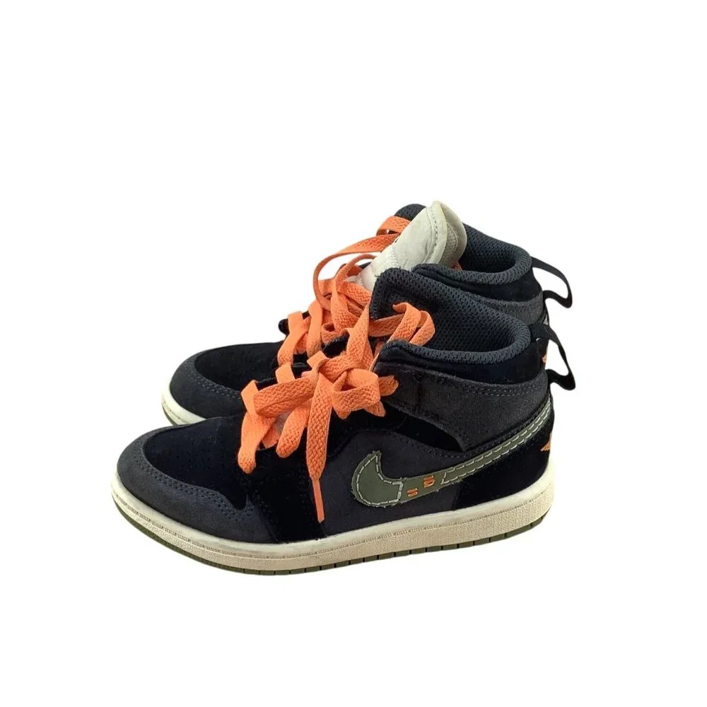 Air Jordan 1 Mid SE GS Black/Orange Suede Shoes Size 11C Youth - Picture 6 of 7
